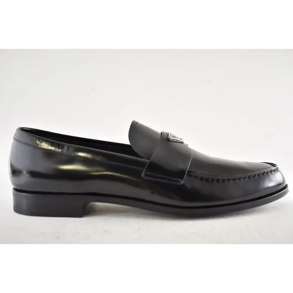 Prada Black Brushed Leather Triangle Logo Classic Loafer SlipOn Flat UK 12 US 13 - Picture 2 of 16